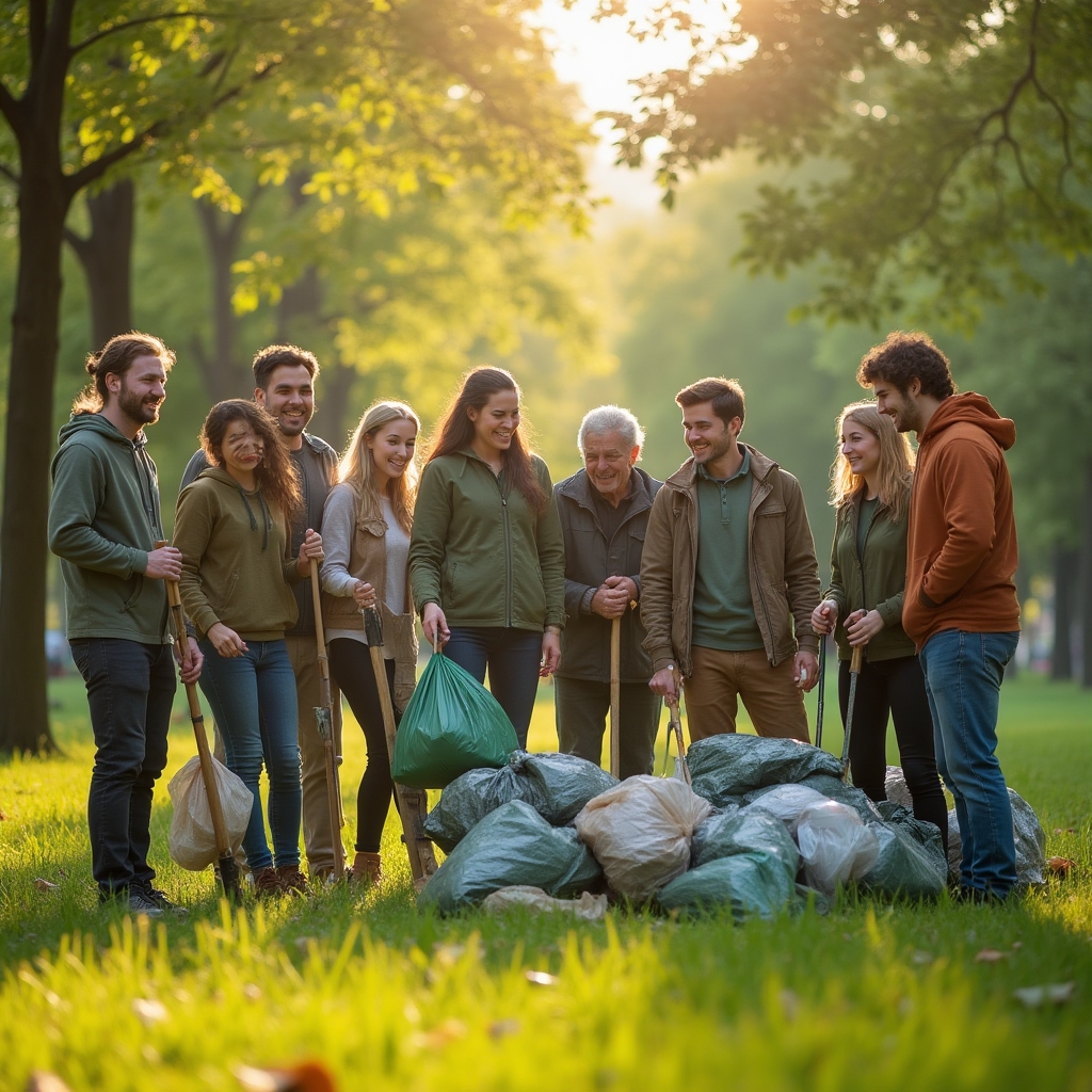 Wolontariusze sprzątający park w słoneczny dzień